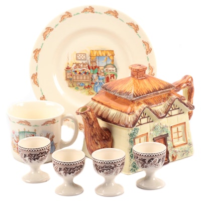 Royal Doulton "Bunnkins" Plate and Mug with Cottage Teapot and Egg Cups