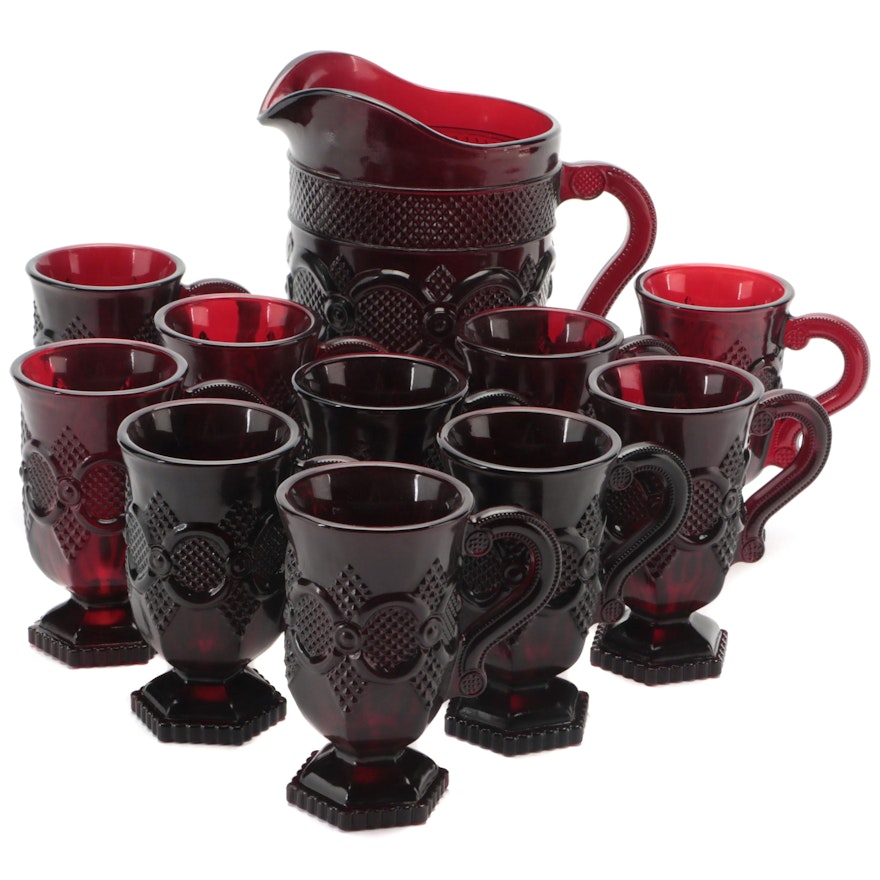 Avon "Cape Cod" Ruby Pressed Glass Pitcher and Footed Mugs, 1975–1992