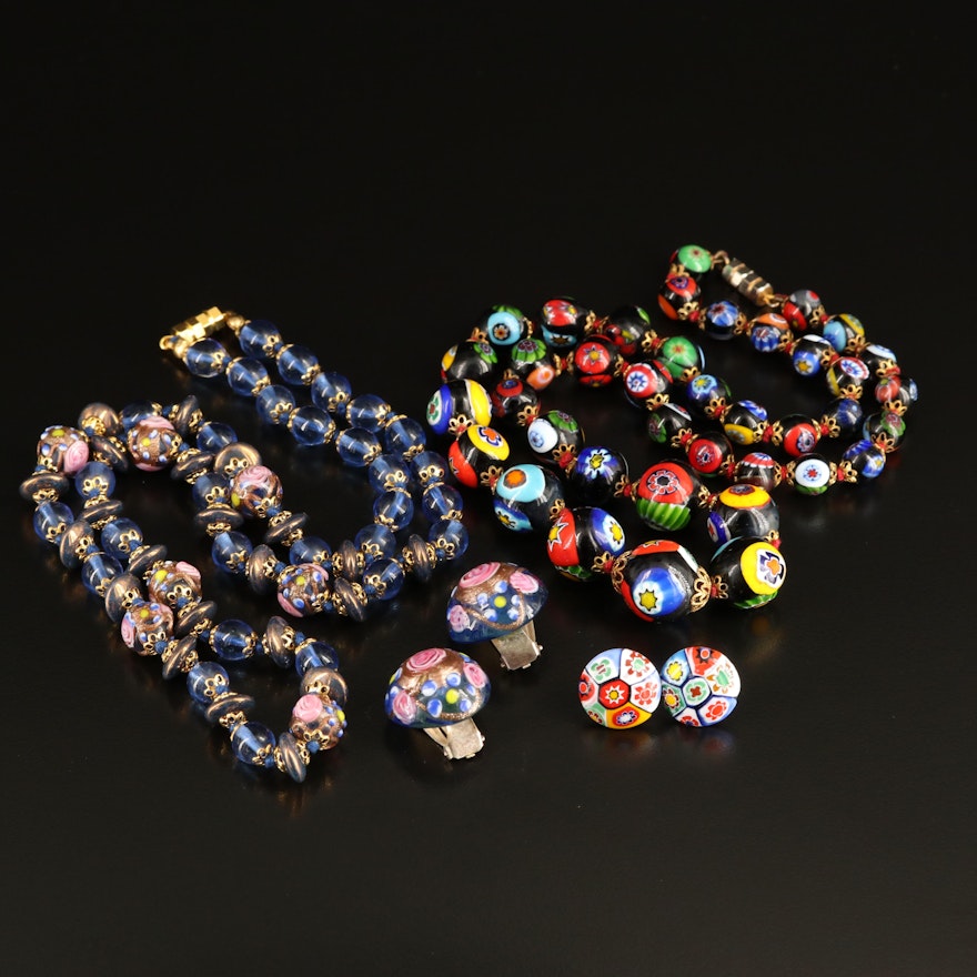 Wedding Cake and Millefiori Glass Bead Necklace and Earring Sets
