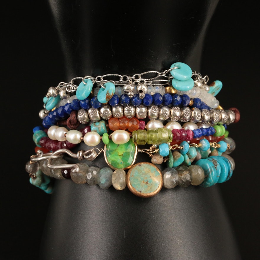 Peyote Bird, Moonstone and Turquoise Featured in Sterling Multi-Strand Bracelets