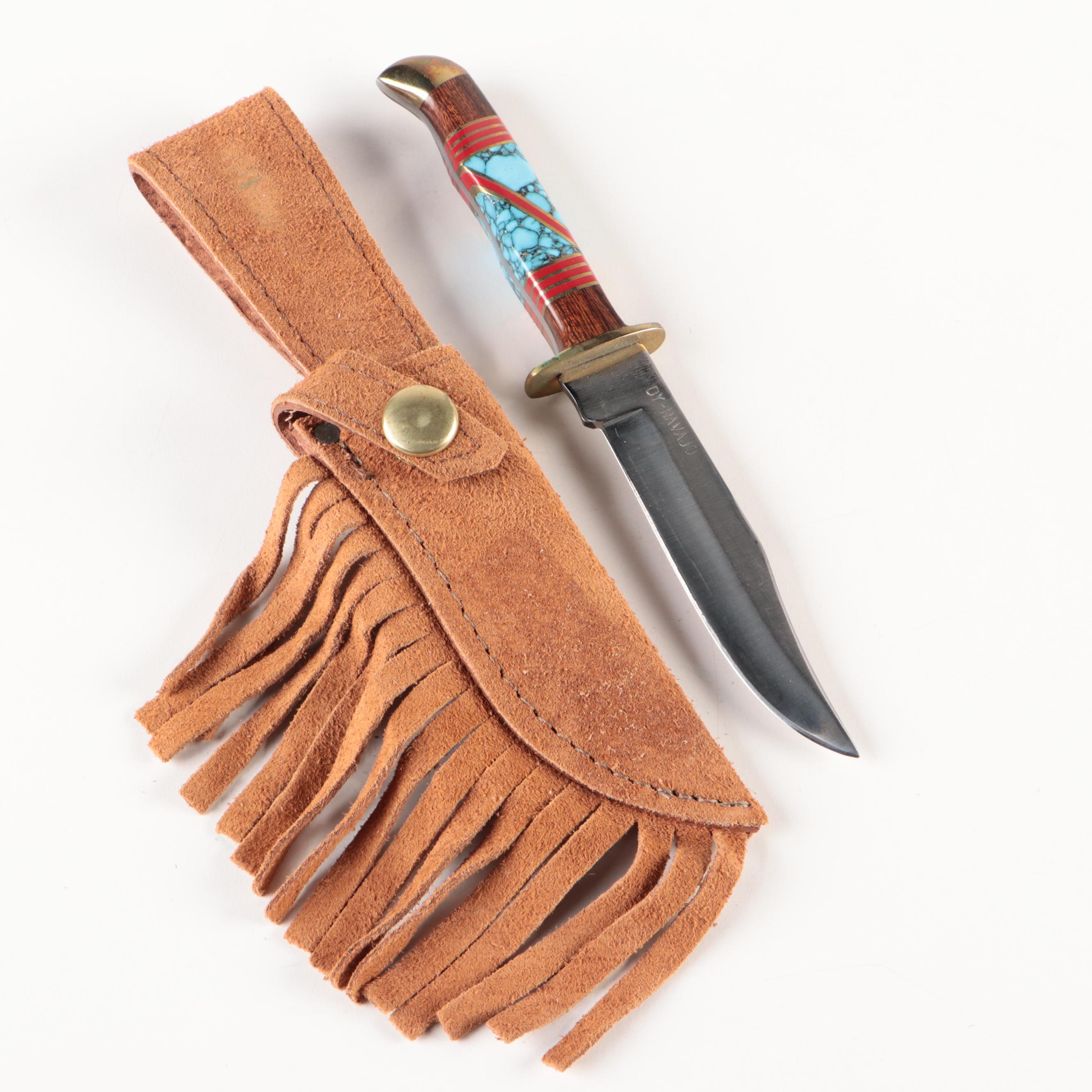 Doris Yazzie Navajo Inlay Knife with Leather Sheath EBTH