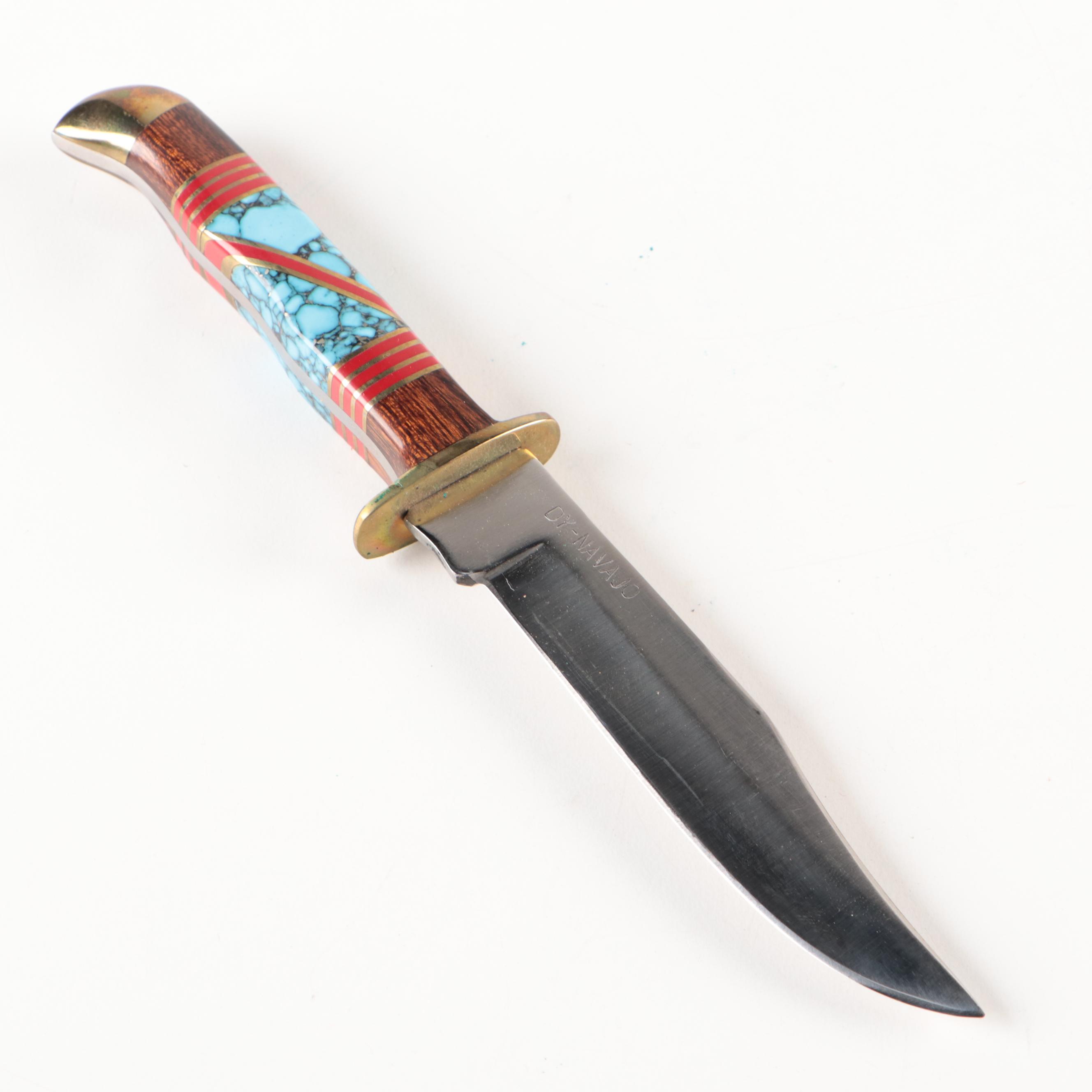Doris Yazzie Navajo Inlay Knife with Leather Sheath EBTH