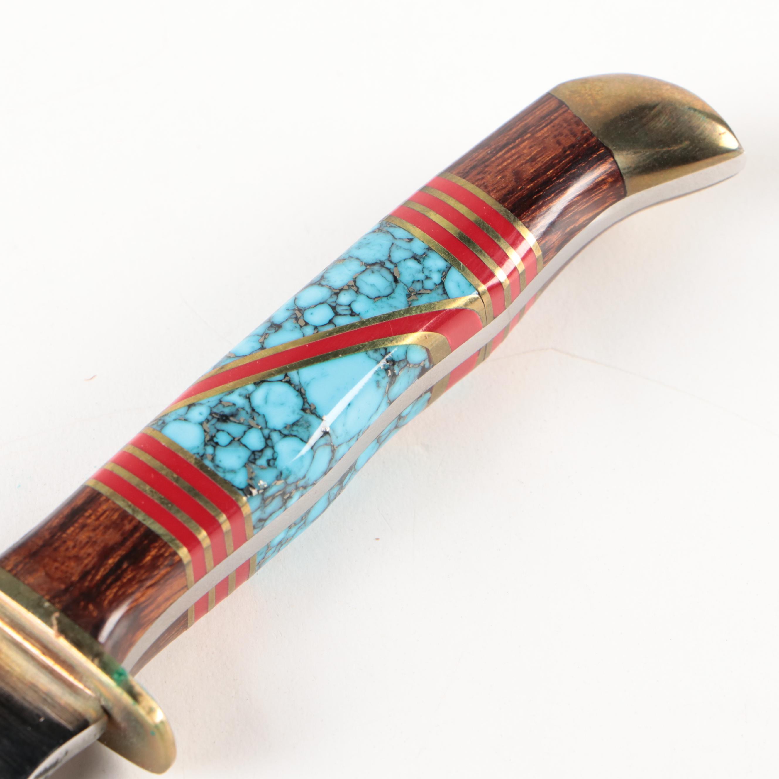 Doris Yazzie Navajo Inlay Knife with Leather Sheath EBTH