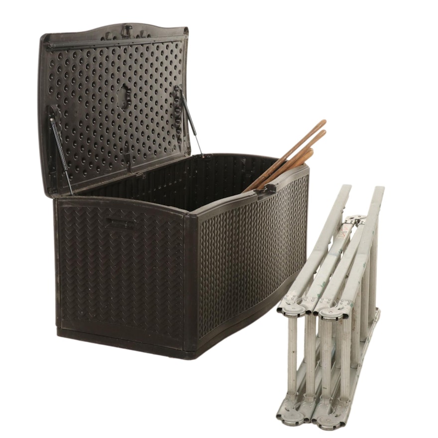 Ladder with Suncast Outdoor Tool Storage Trunk