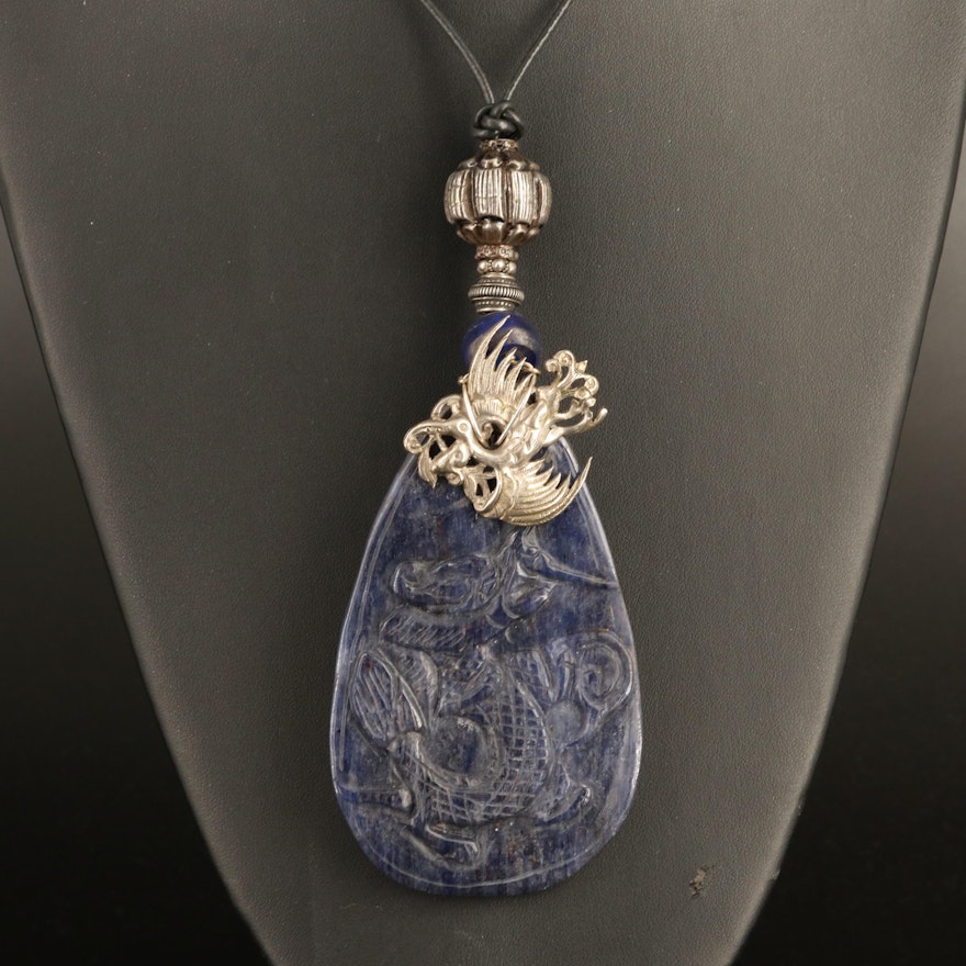 Chinese Large Carved Sodalite Dragon Pendant Necklace with Phoenix Accent