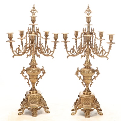 Pair of Italian Baroque Style Gilt Cast Brass Six Light Candelabra, 20th Century