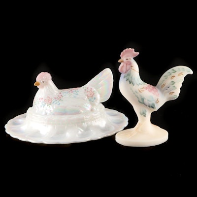 Fenton Limited Edition Hand-Painted Deviled Egg Server with Rooster Figurine