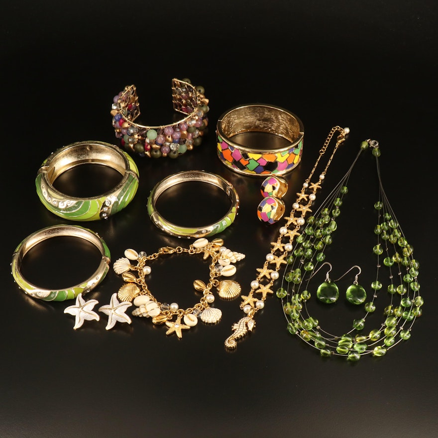 Woven Bracelet, Enamel and Rhinestone Jewelry Sets