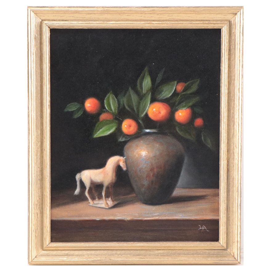 Houra H. Alghizzi Still Life Oil Painting "Clementines and Horse Figurine," 2023