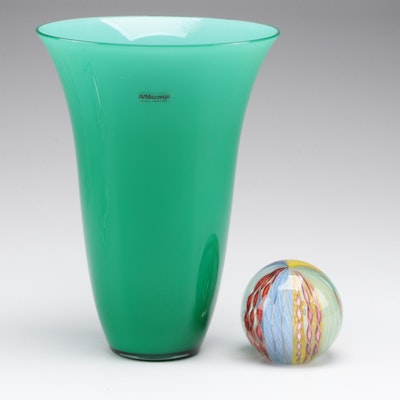 A.V. Mazzega Murano Glass Vase with Murano Ribbon Lattice Paperweight