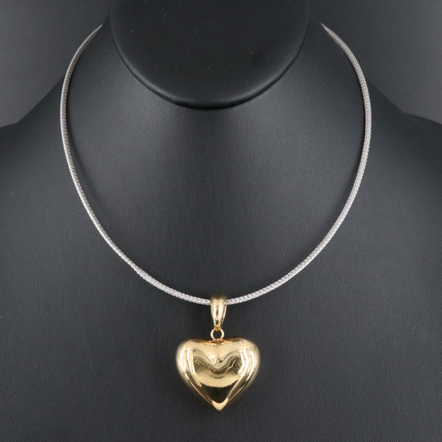Italian 18K Puffy Heart Pendant on Woven Mesh Necklace