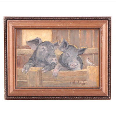 Mary Holobaugh Oil Painting of Two Pigs in Barn