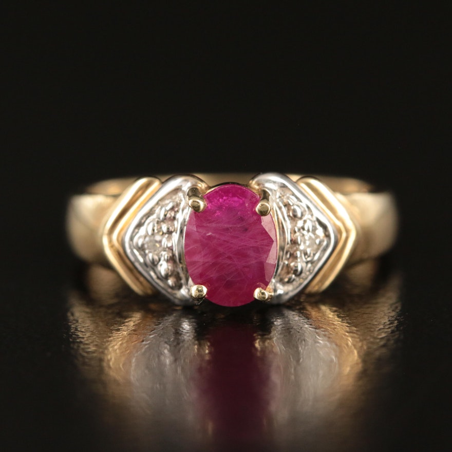 10K Ruby and Diamond Ring with Chevron Shoulders
