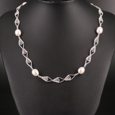 Sterling Diamond Cut Bead and Pearl Station Necklace