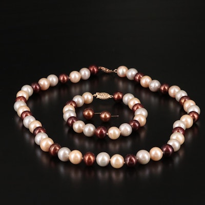 14K Cultured Pearl Necklace, Bracelet, and Earrings Set
