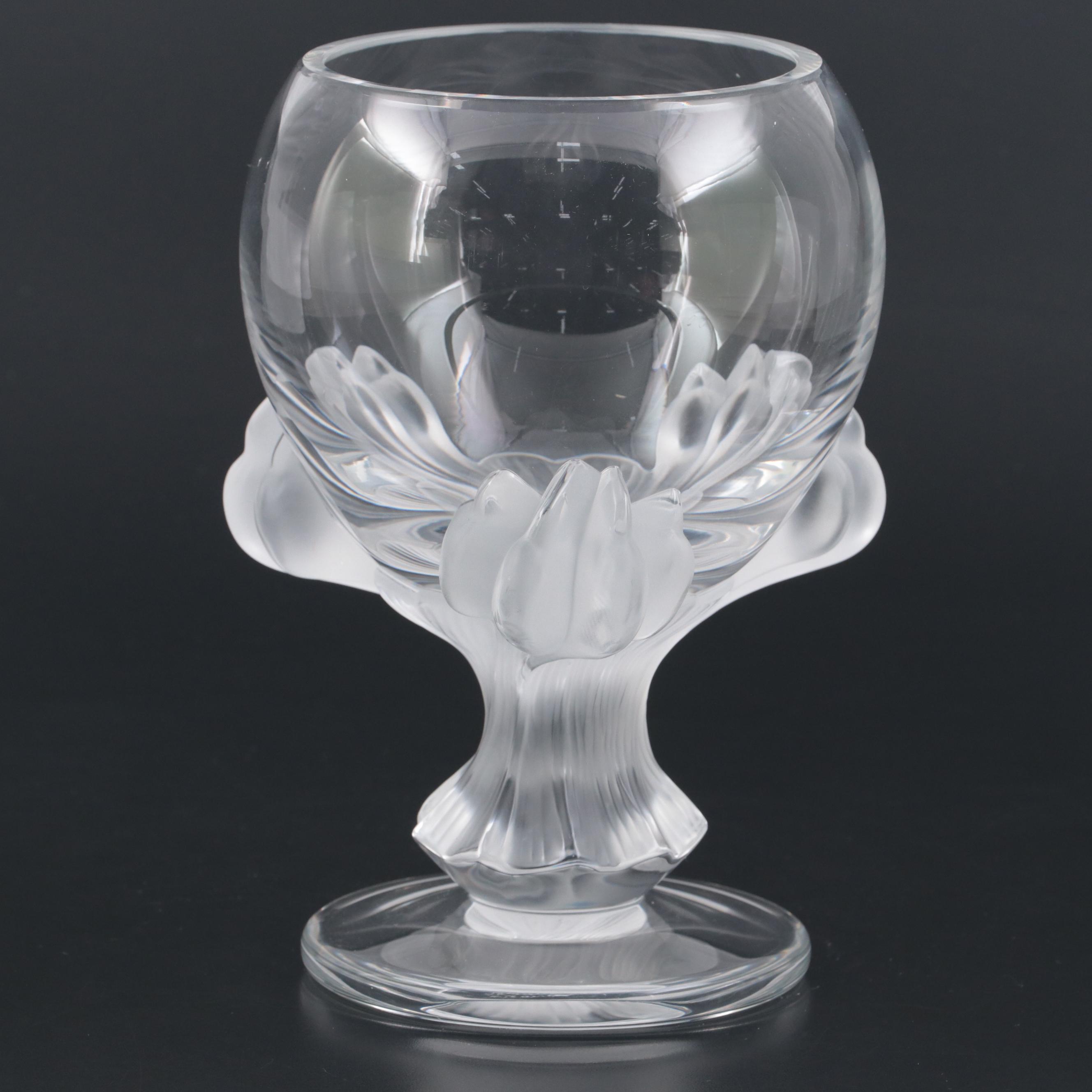 Lalique "Baghera" Frosted and Clear Crystal Footed Flower Vase EBTH
