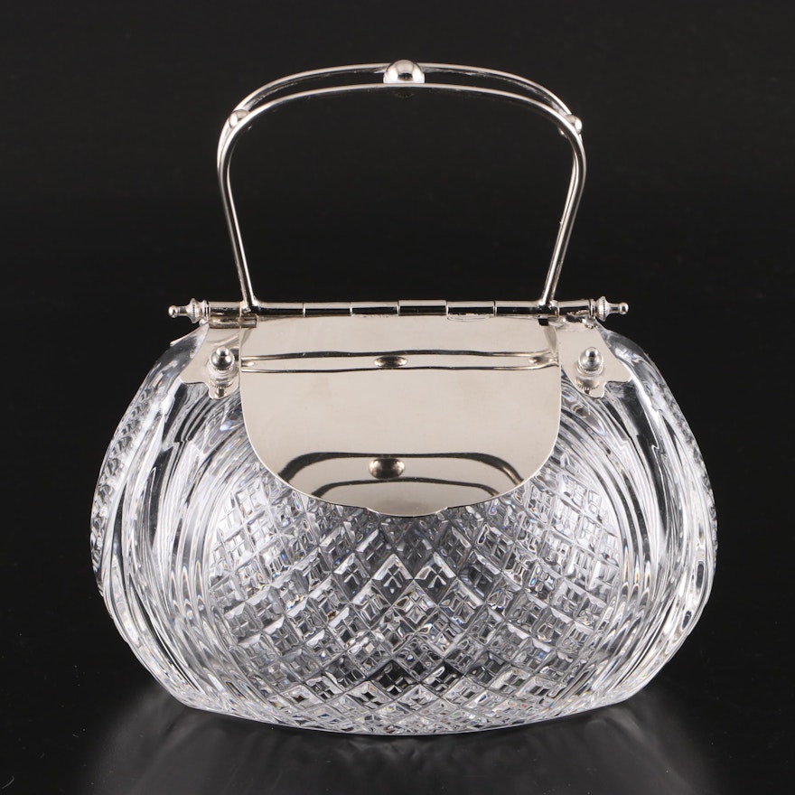 English Victorian Silver Plate and Crystal Purse Shaped Box, Late 19th Century