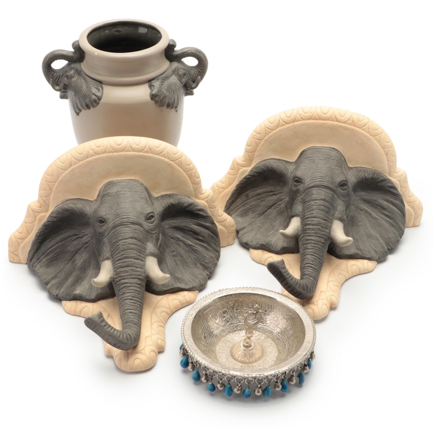 Hand-Glazed Ceramic Elephant Vase and Corbels with Beaded Bowl