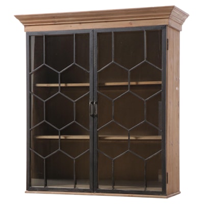 Pine Cabinet Bookcase with Metal Honeycomb Glass Doors