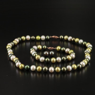 Matching 14K Pearl Necklace, Bracelet, and Stud Earrings