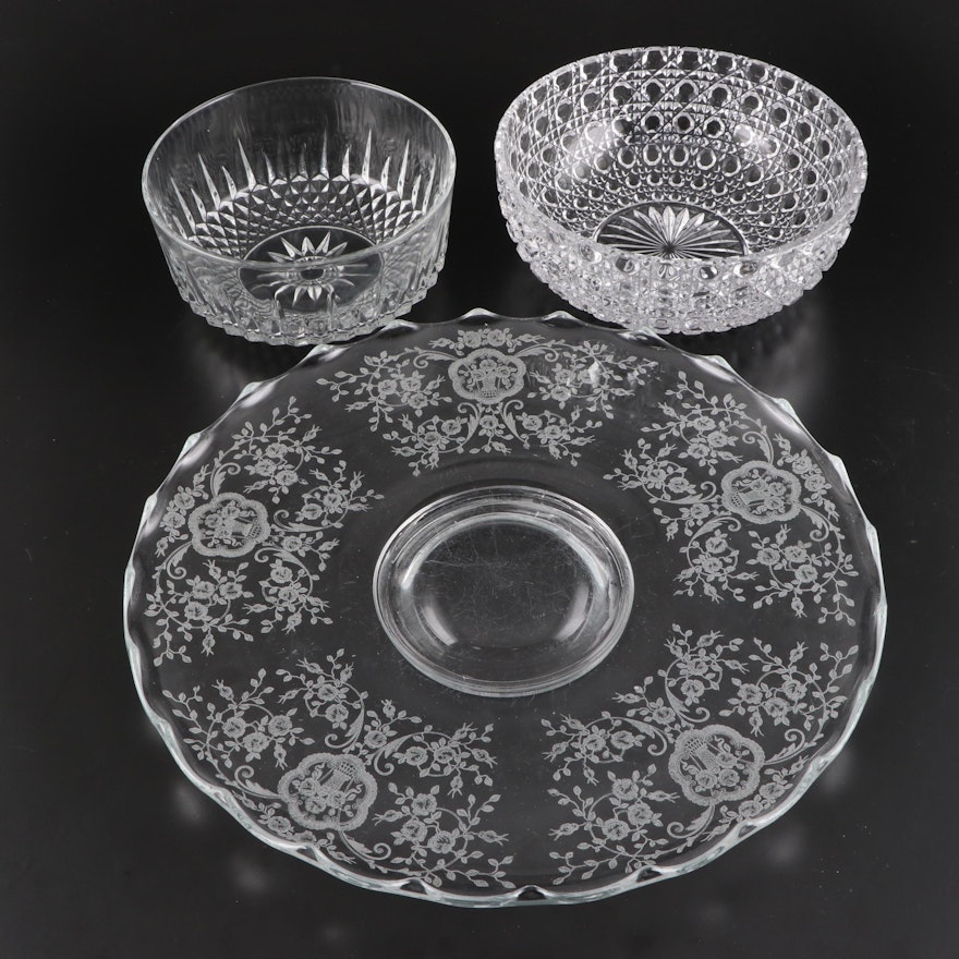 Pressed and Cut Glass Serving Bowls with Etched Glass Cake Plate