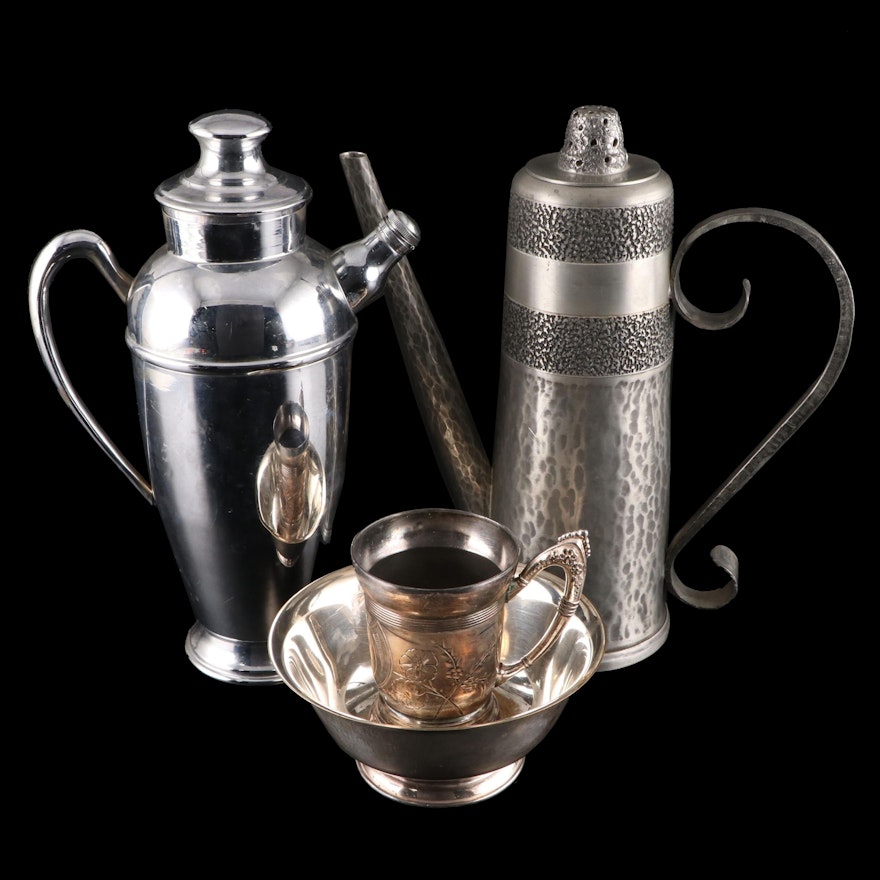 B. Evensen Pewter Coffee Pot with Cocktail Shaker and Silver Plate Tableware