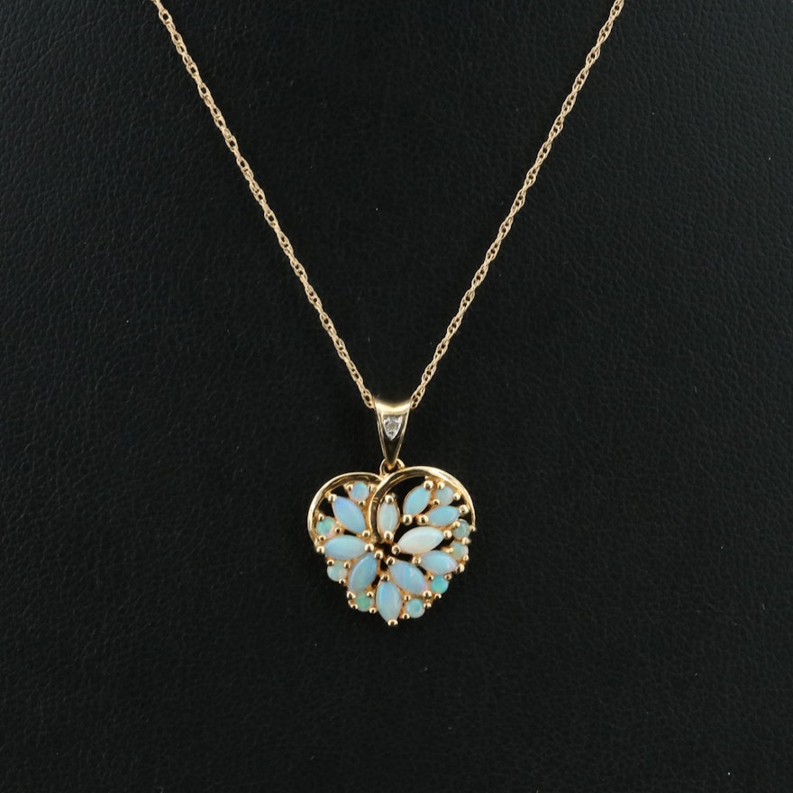 14K Opal and Diamond Heart Pendant Necklace