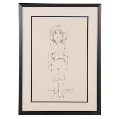 Pen & Ink Caricature Portrait Drawing of Standing Woman, 1981