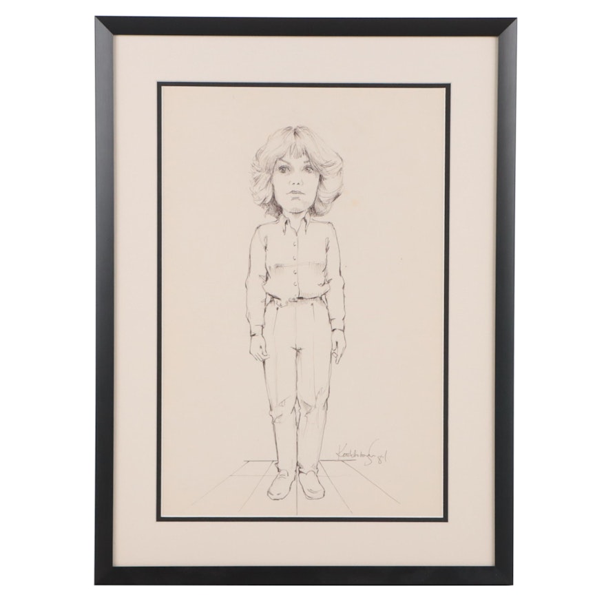 Pen & Ink Caricature Portrait Drawing of Standing Woman, 1981