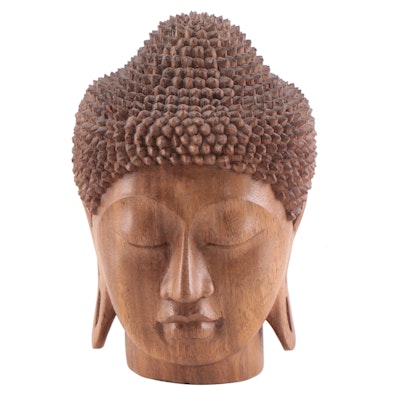 Indonesian Carved Wooden Head of Buddha