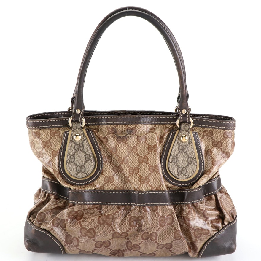 Gucci Tote Bag in Crystal Mix GG Coated Canvas and Dark Brown Leather