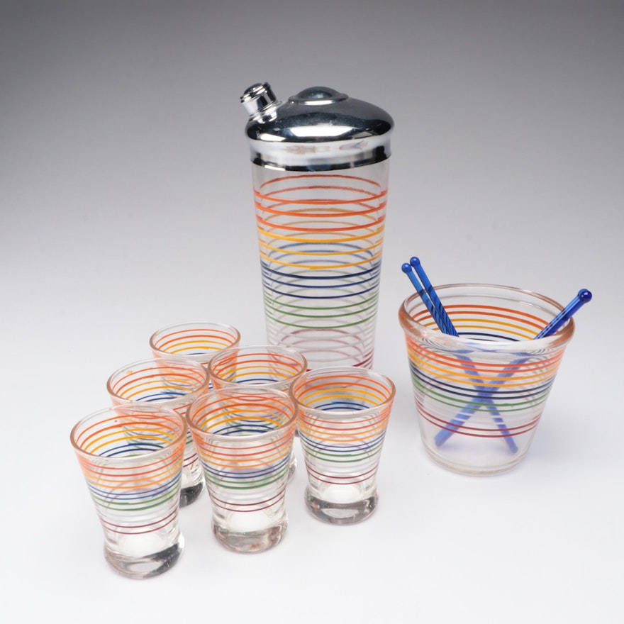Mid-Century Modern Striped Cocktail Shaker, Glasses, and Barware, 1940's