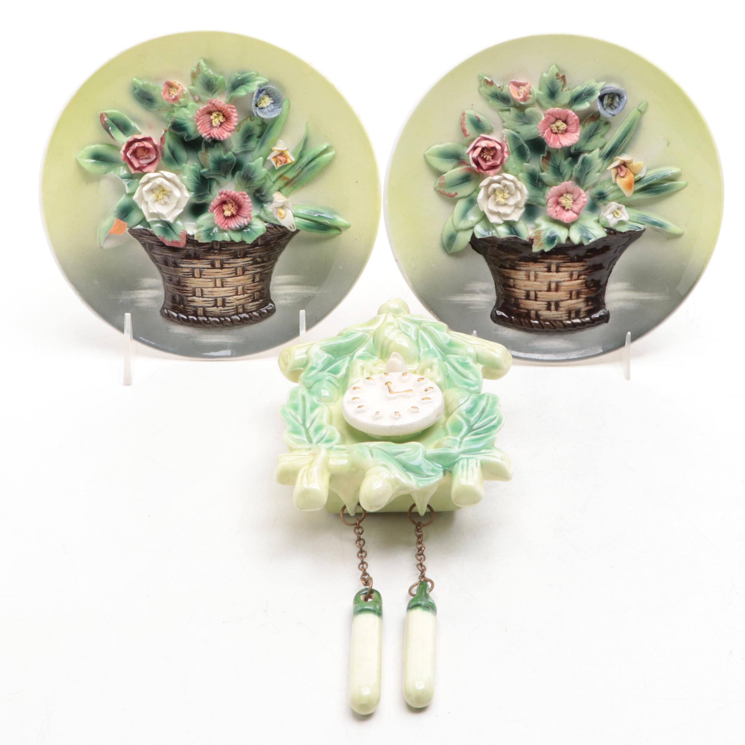 Pair of Porcelain Floral Wall Plates With Faux Cuckoo Clock Wall