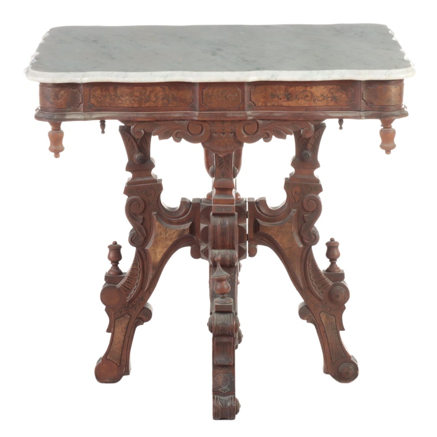 Victorian Renaissance Revival Walnut, Burl Walnut and Marble-Top Lamp Table