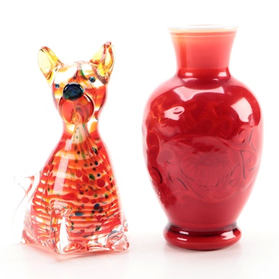 Avon Red Glass Fragrance Vase with Glass Dog Paperweight