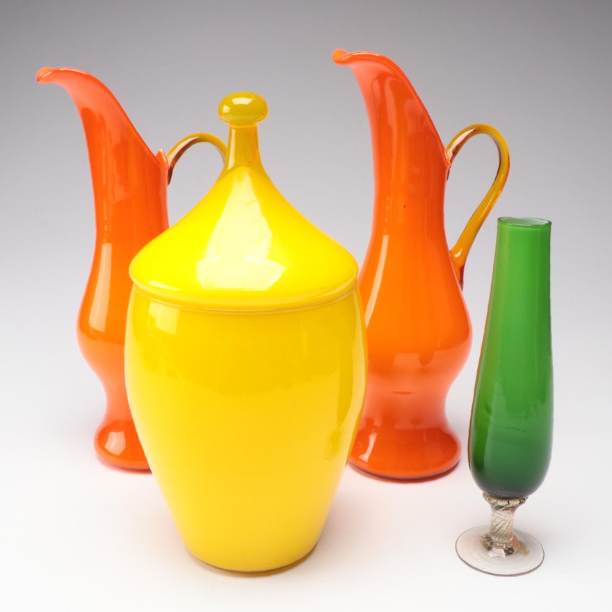 Empoli Circus Tent Style Glass Jar with Blown Glass Pitchers and Bud Vase