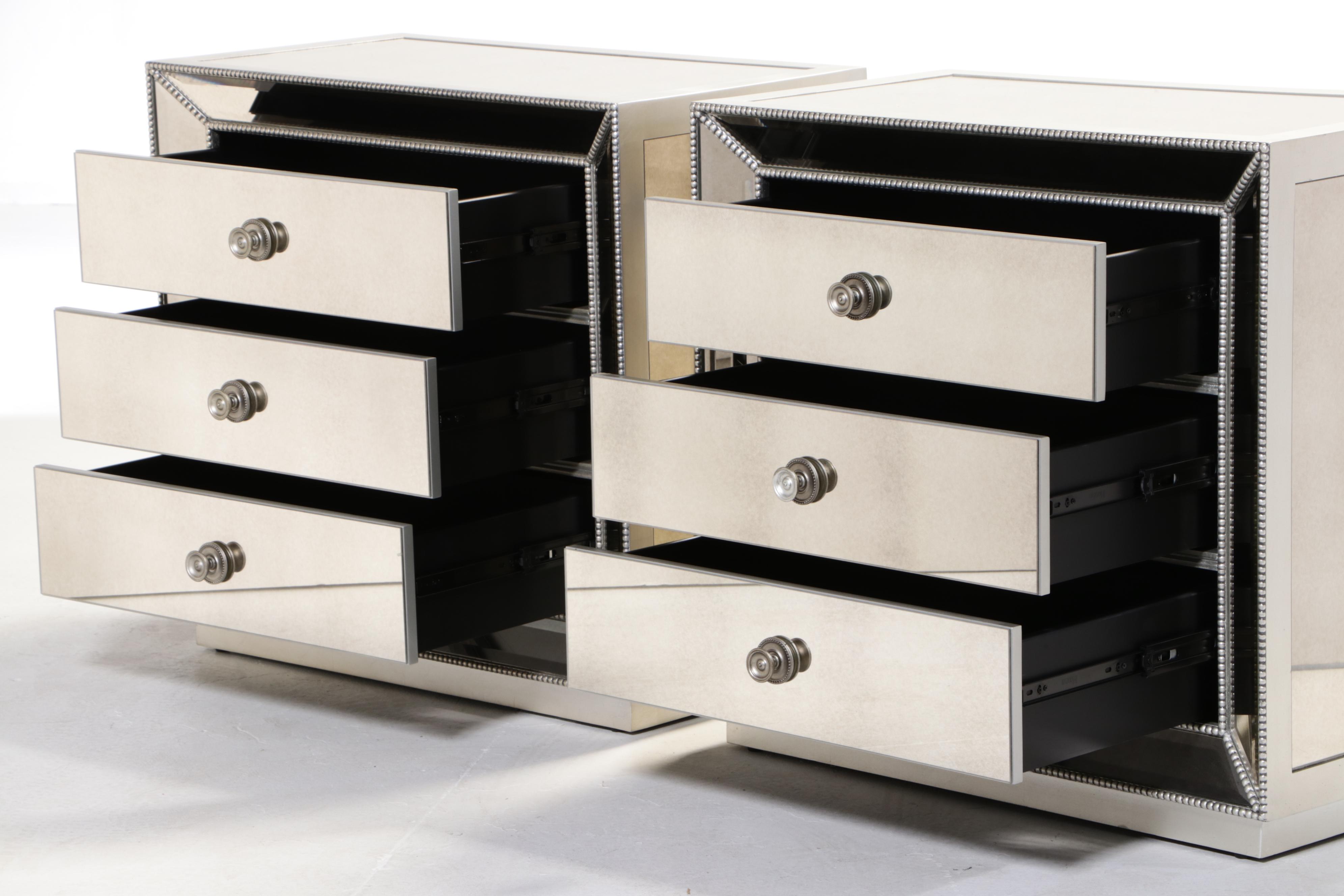 Pair of Z Gallerie "Omni" SilverGilt & Mirrored Glass ThreeDrawer