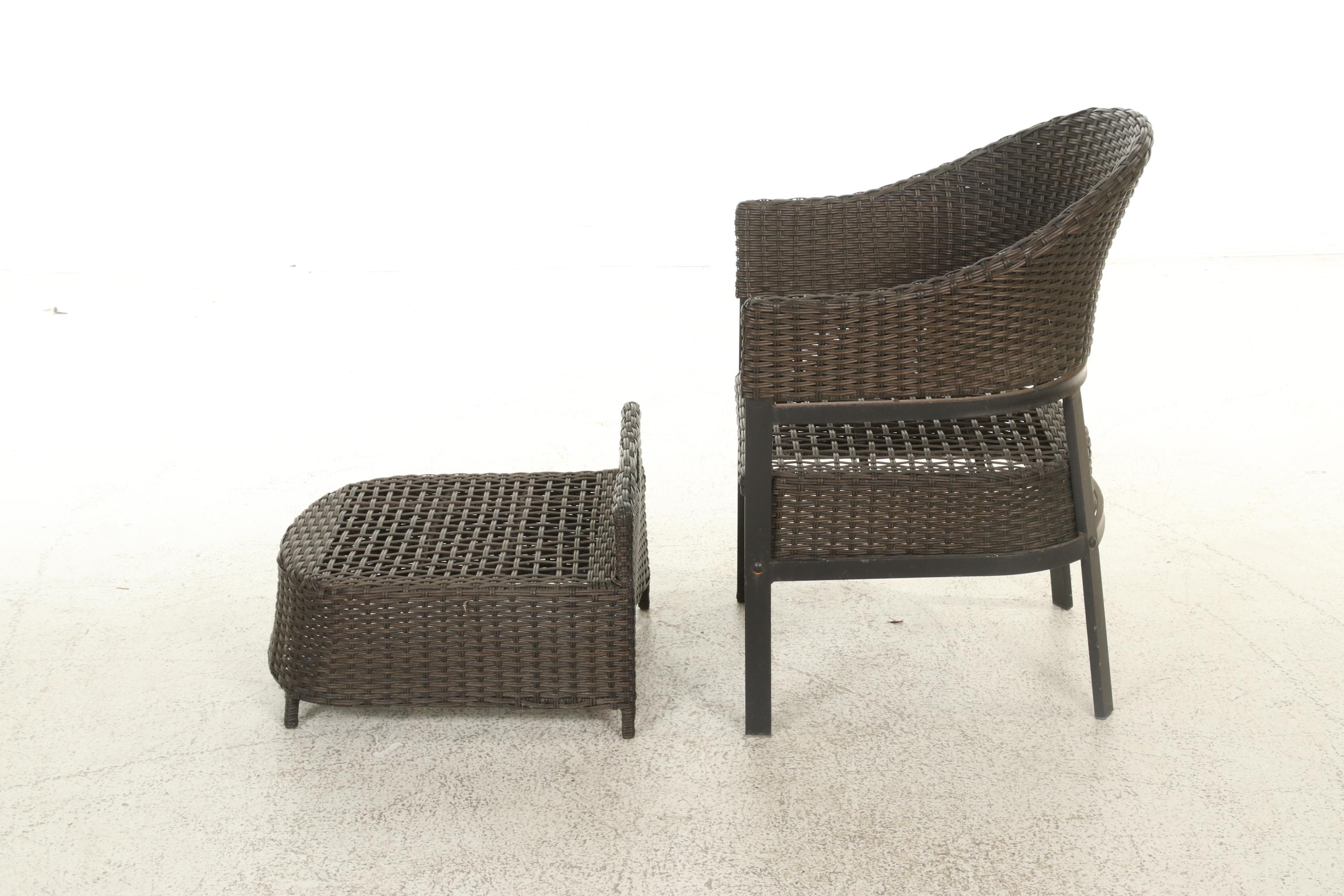 Two Contemporary Resin Wicker Patio Chairs and Ottomans With Accent