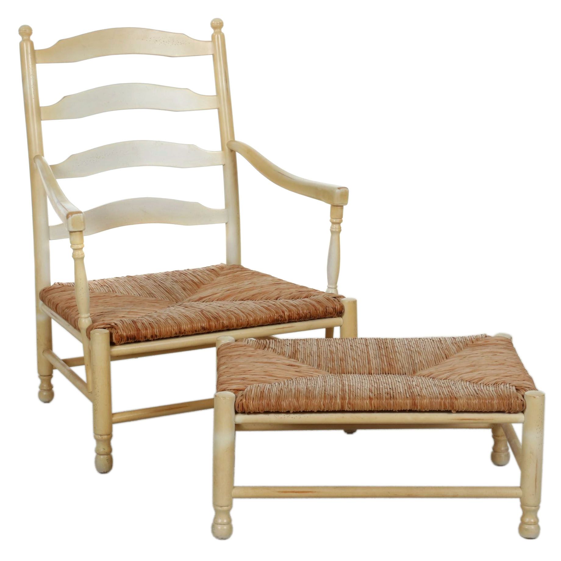 Painted Ladder Back Arm Chair and Ottoman with Rush Seats EBTH