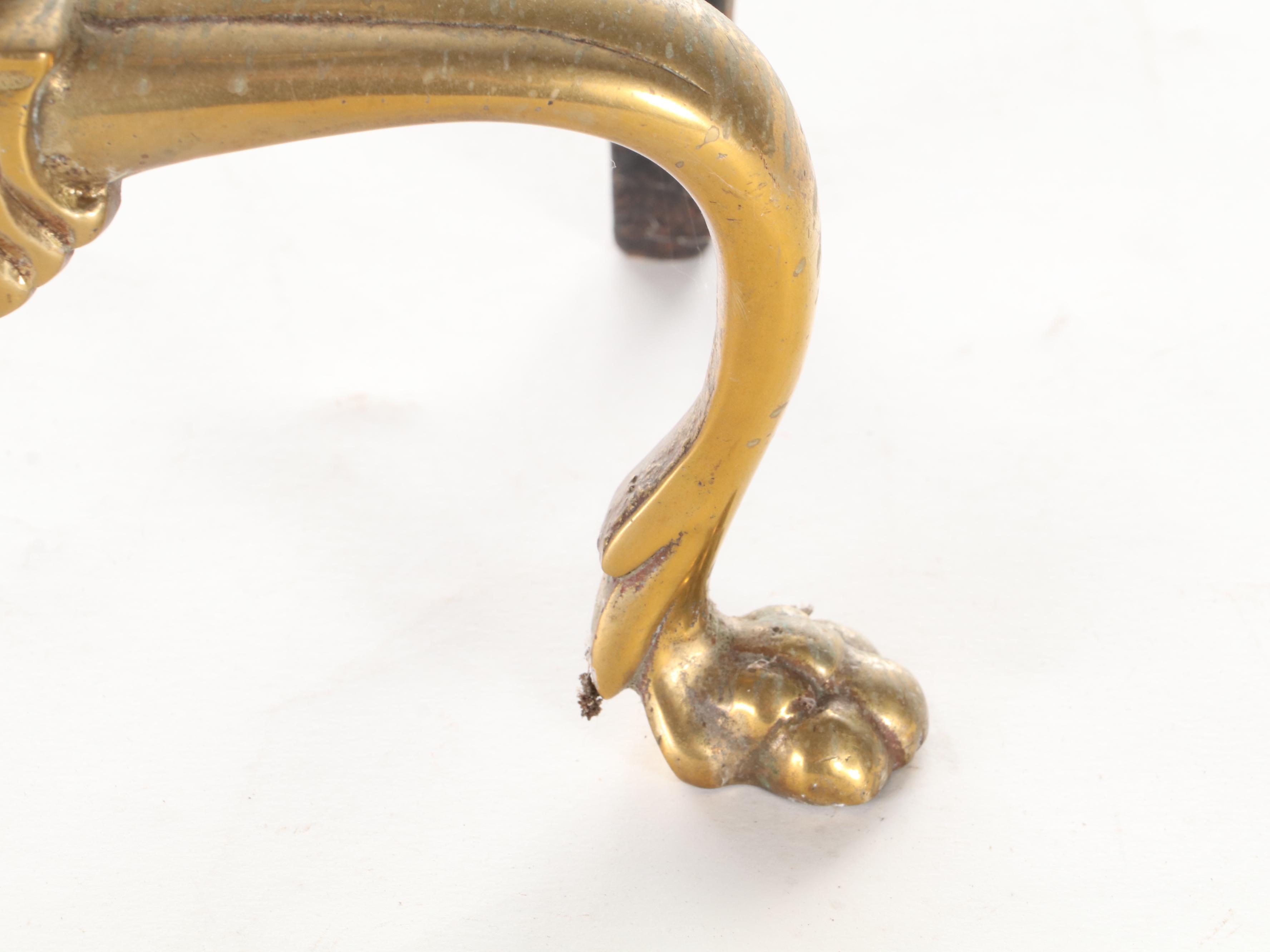 Chippendale Style Brass Ball and Claw Foot Andirons, 20th Century EBTH