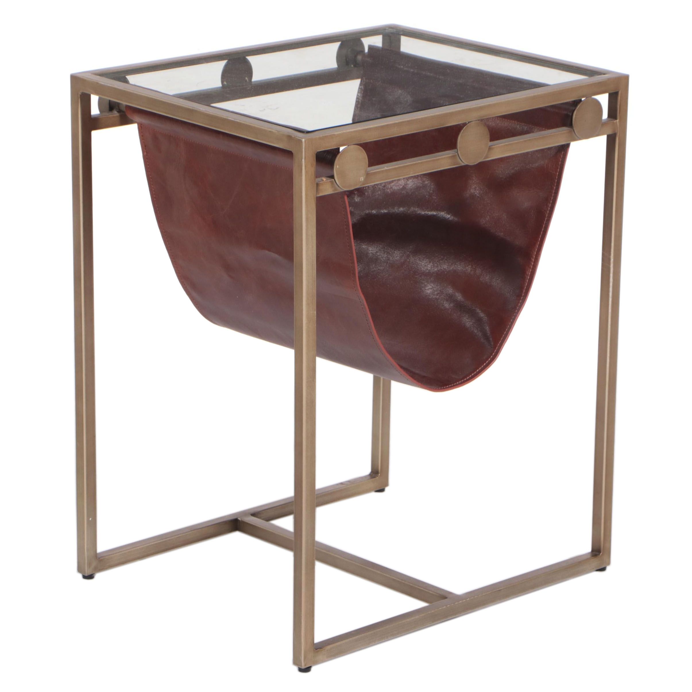 Modernist Style Gilt Metal and Glass Top Side Table with Leather