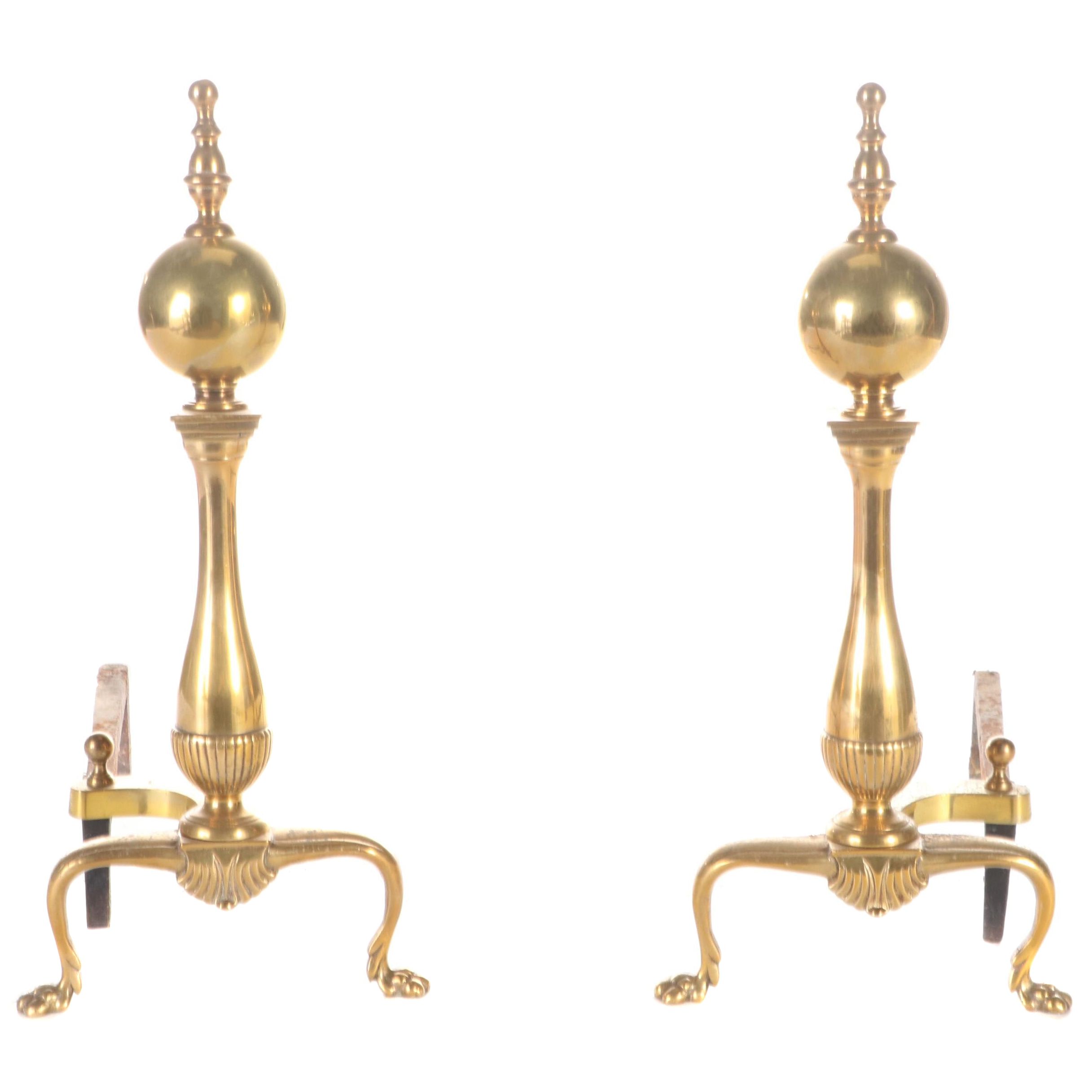 Chippendale Style Brass Ball and Claw Foot Andirons, 20th Century EBTH