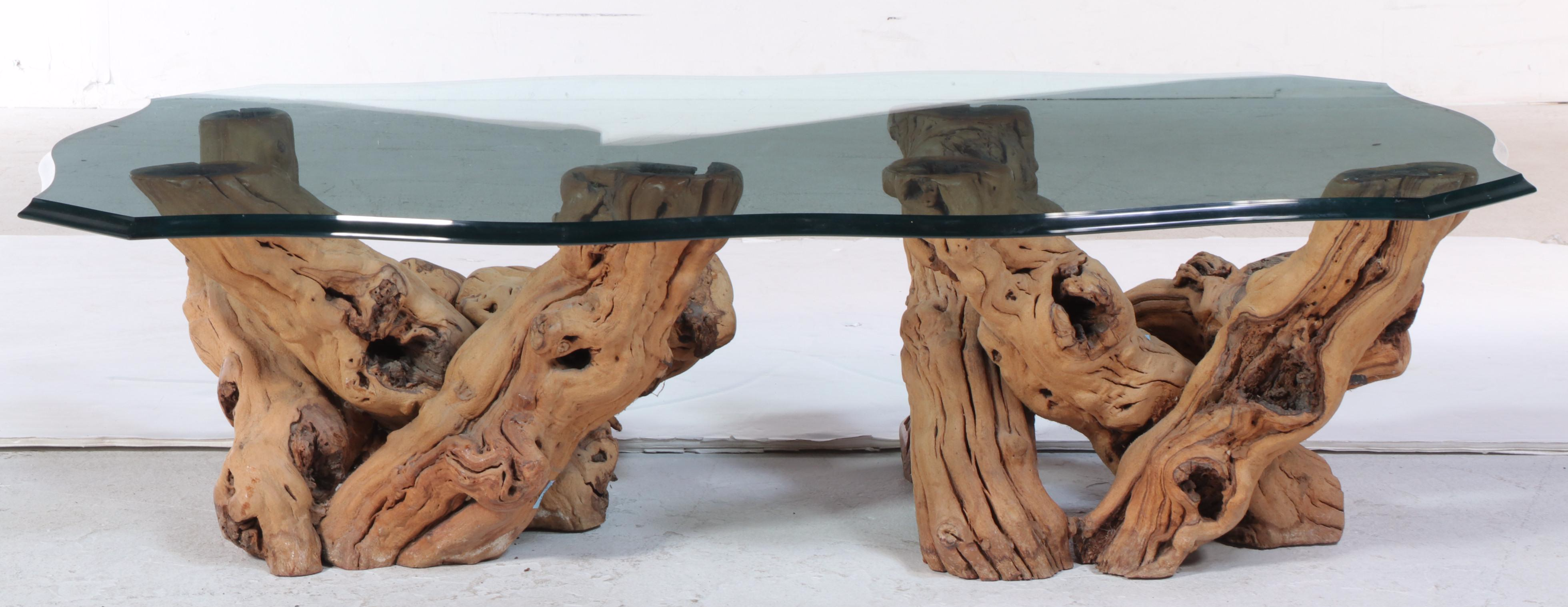 Contemporary Beveled Glass Table with Driftwood Base EBTH