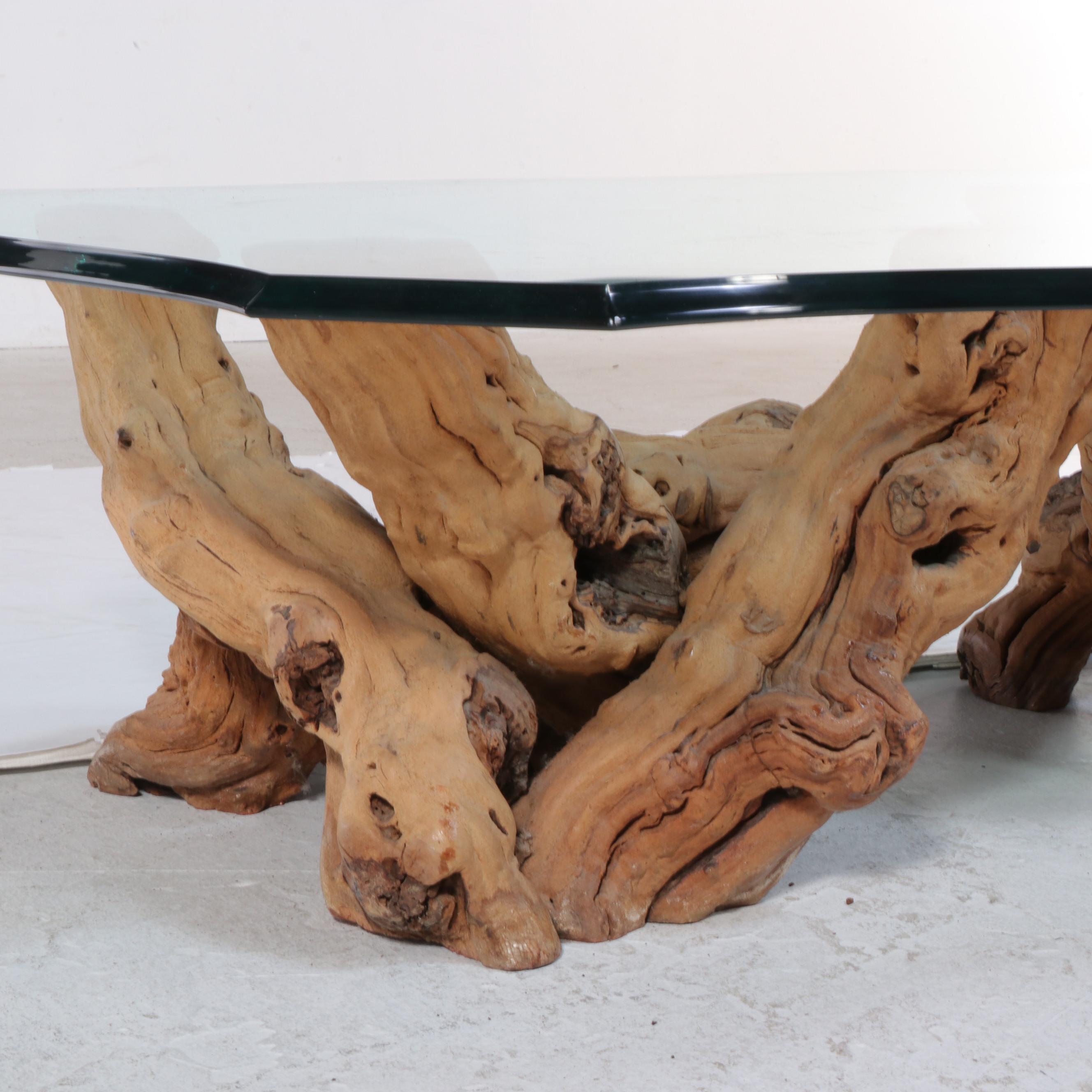 Contemporary Beveled Glass Table with Driftwood Base EBTH