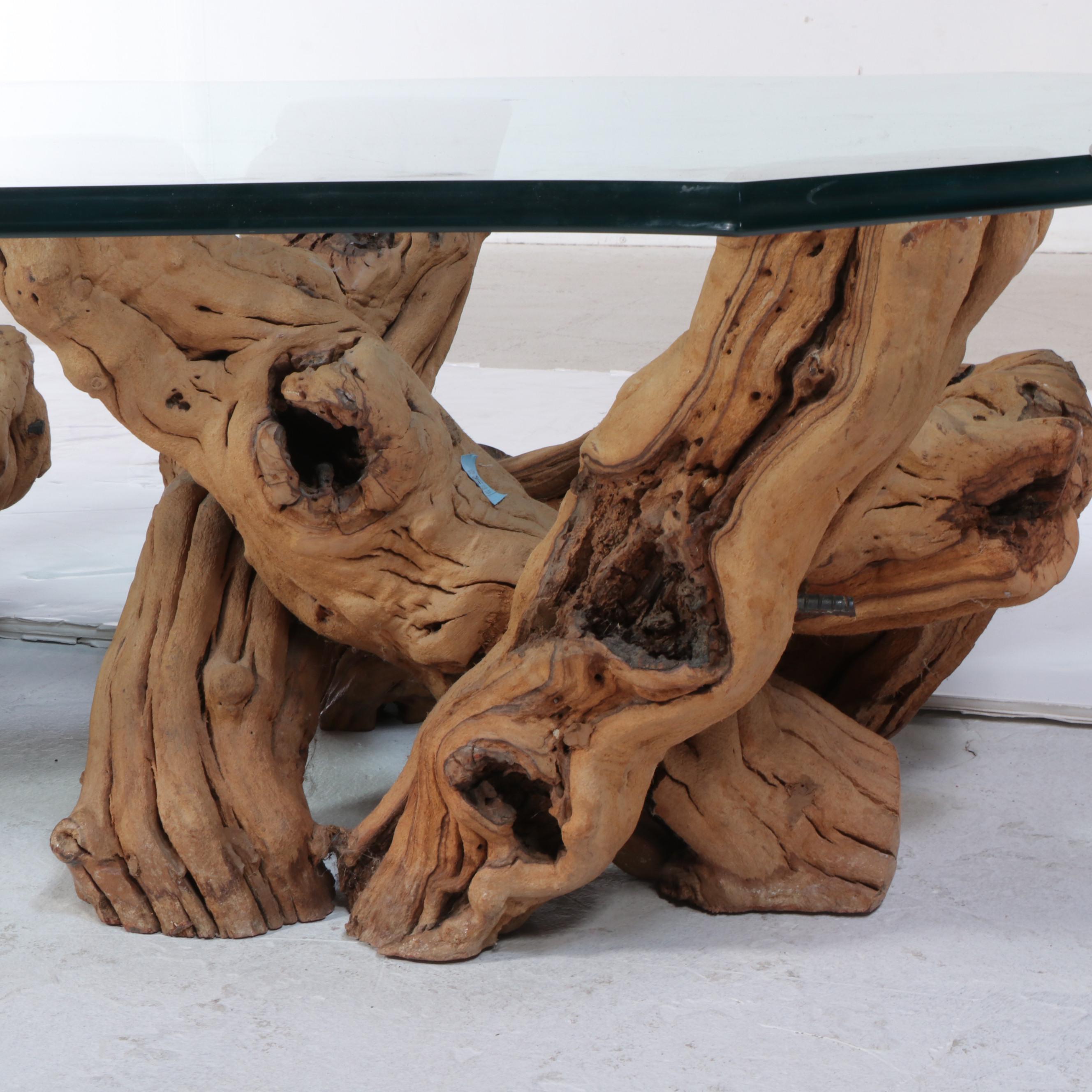 Contemporary Beveled Glass Table with Driftwood Base EBTH