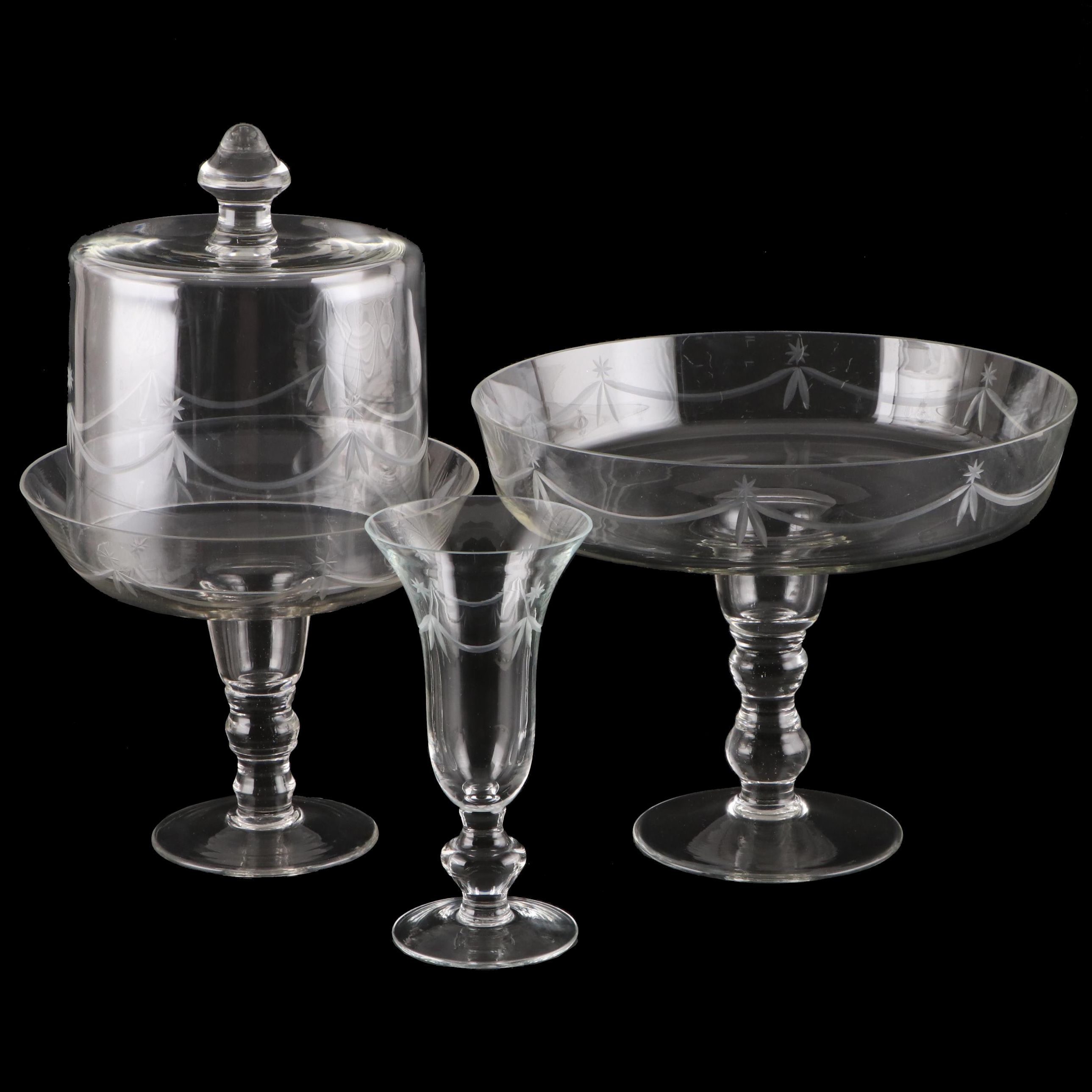Swag Etched Glass Cake Stand Pedestal and More Tableware EBTH