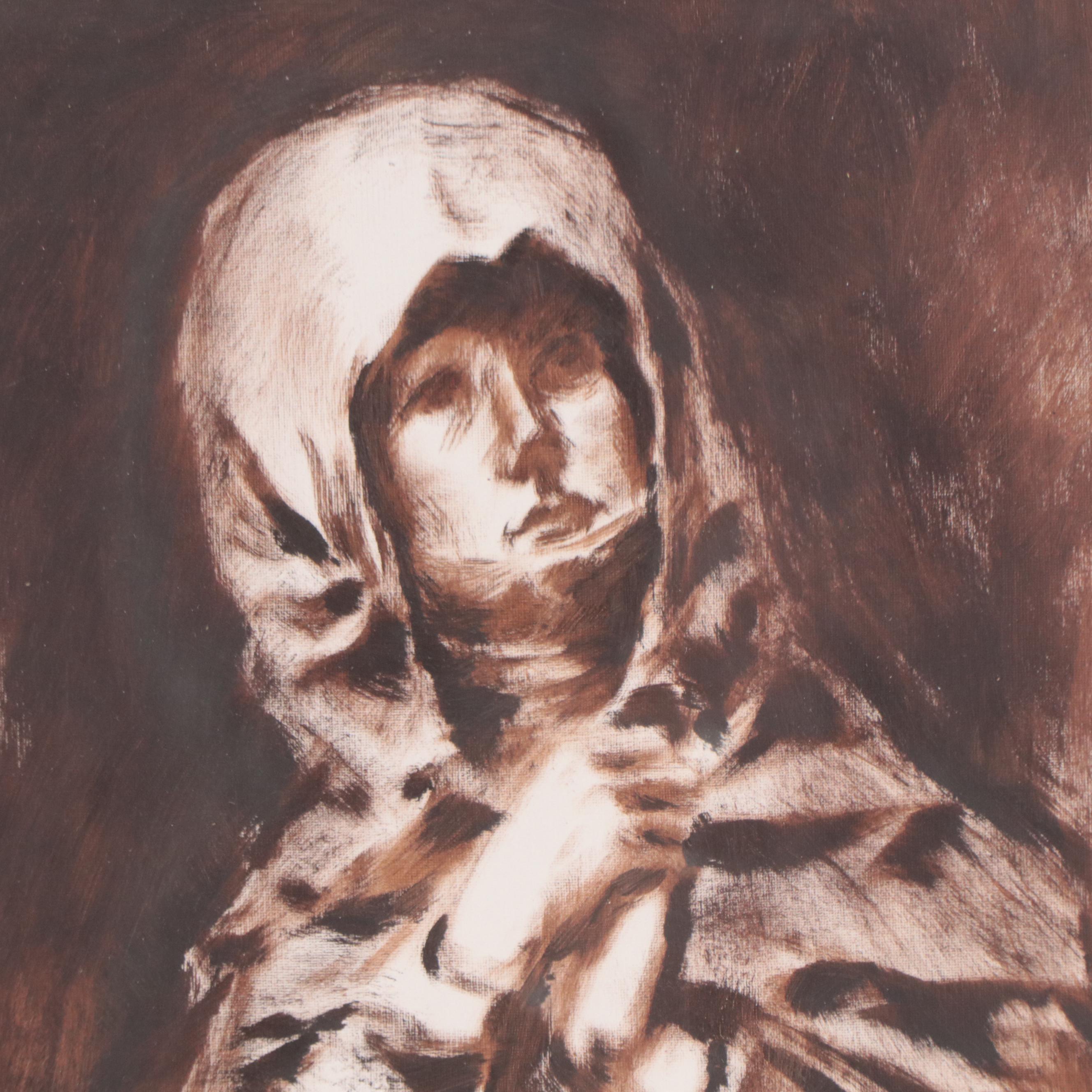 Imprimatura Oil Painting of Cloaked Woman EBTH