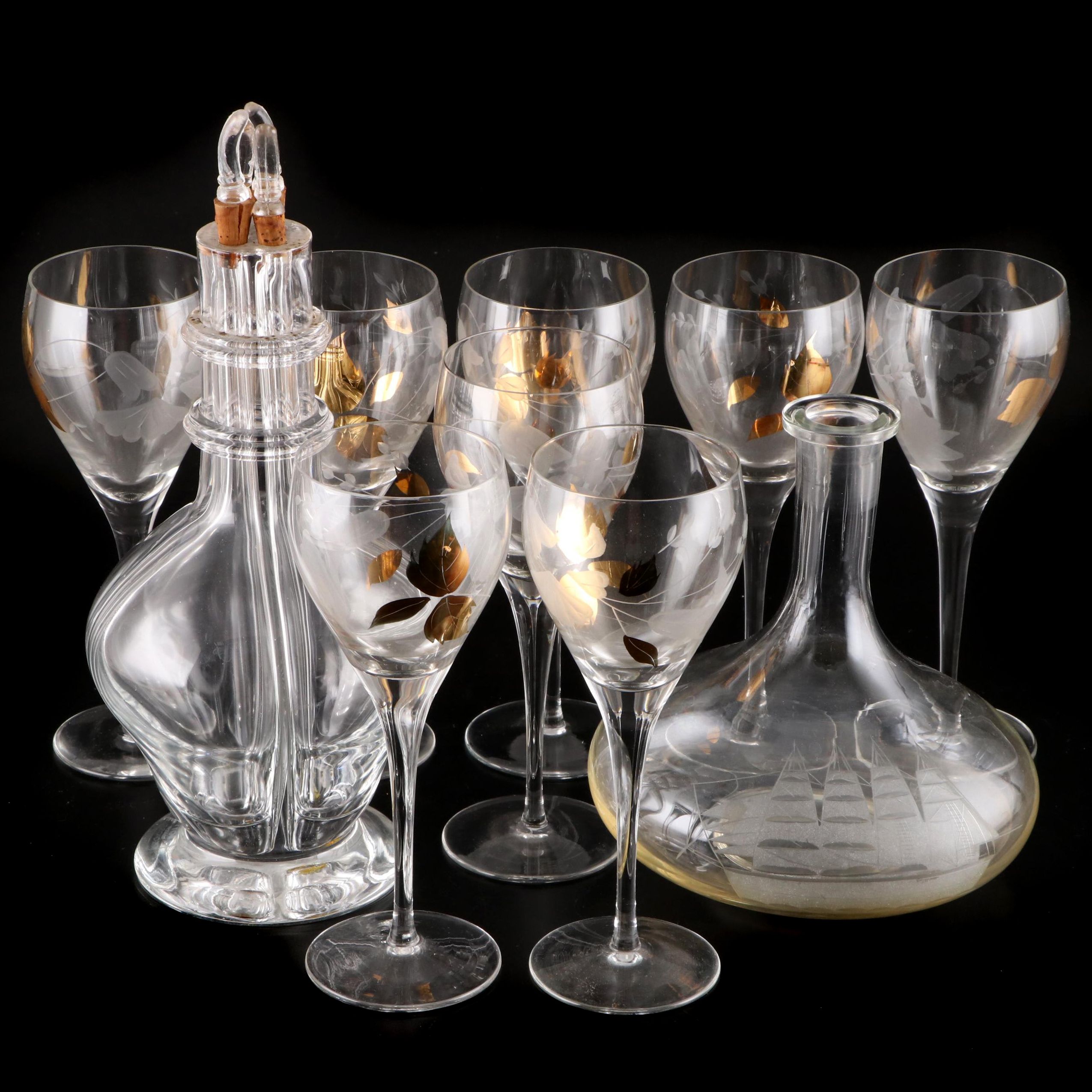 Foliate Pattern Glass Water Goblets with Decanter and Carafe EBTH