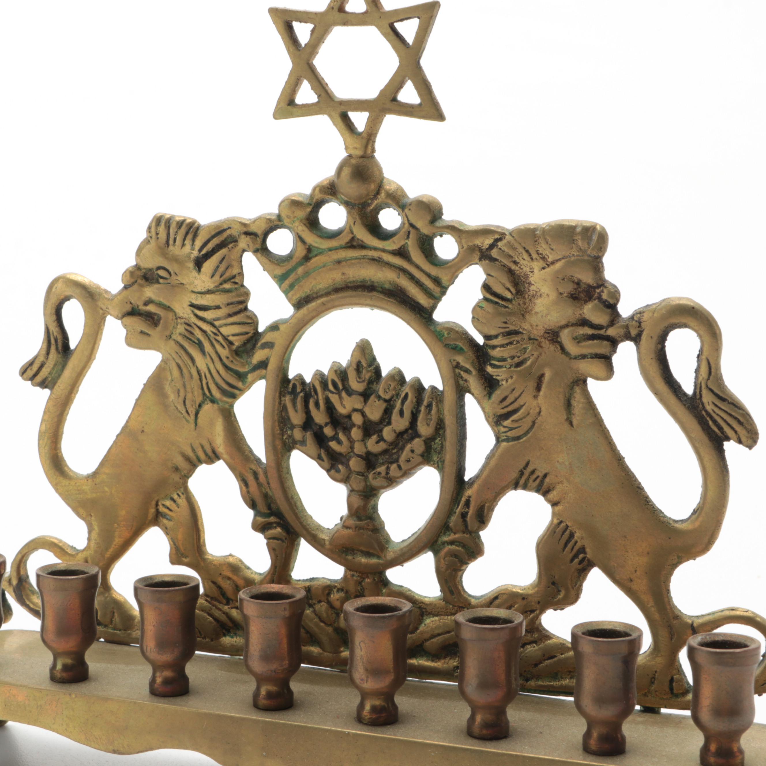 Brass Lions of Judah Hanukkah Menorah EBTH