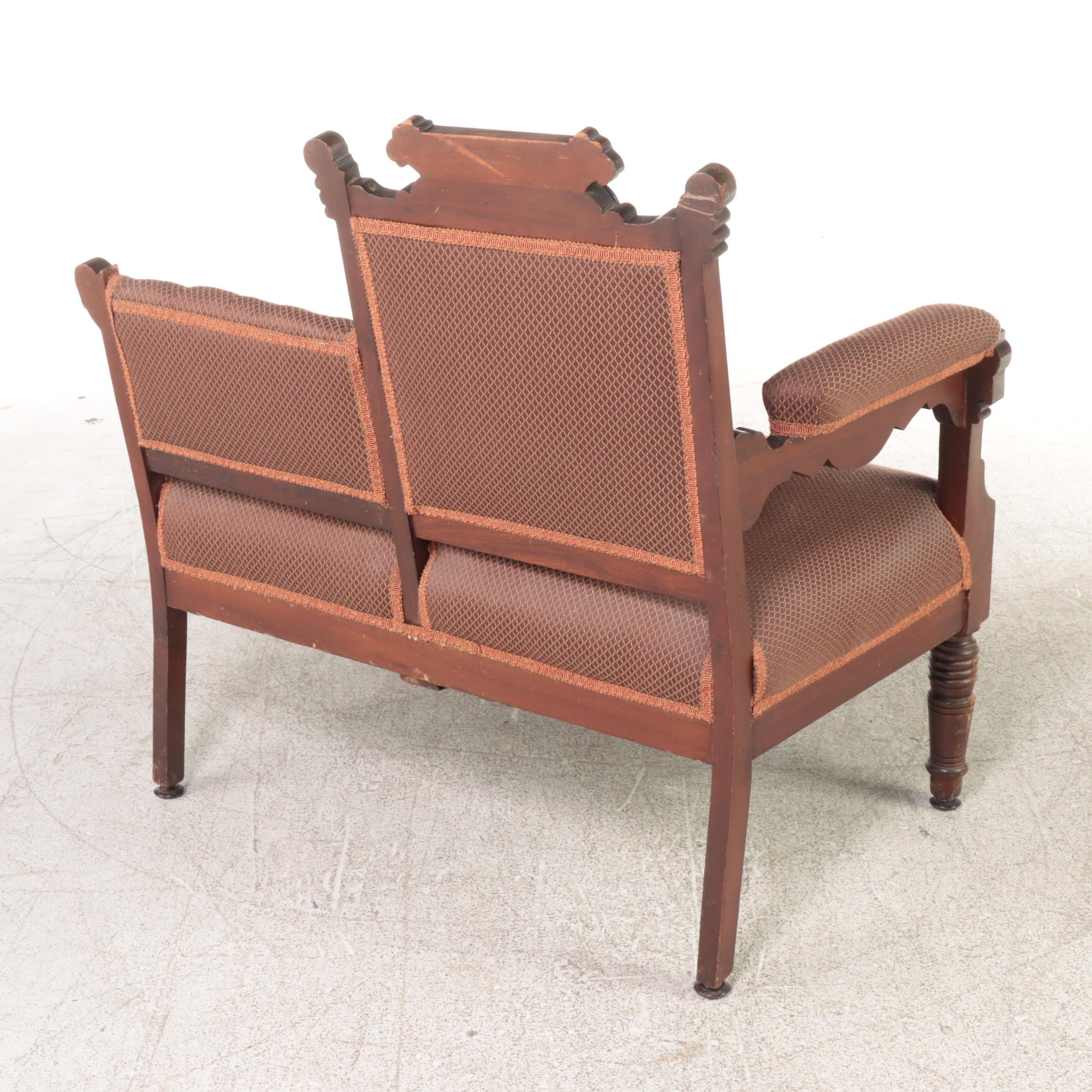 Victorian Eastlake Style Carved Walnut Bustle Bench, Late 19th Century